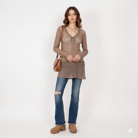 *Matthias Y2K Beige Knit Long Sleeve Tunic Blouse - Picture 1 of 8